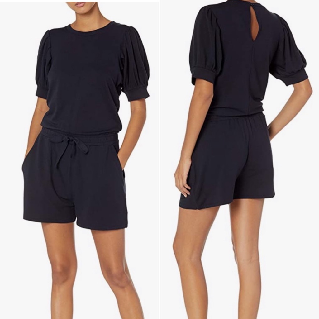 Daily Ritual Puff Sleeve Terry Romper With Pockets In Navy - Size Xs